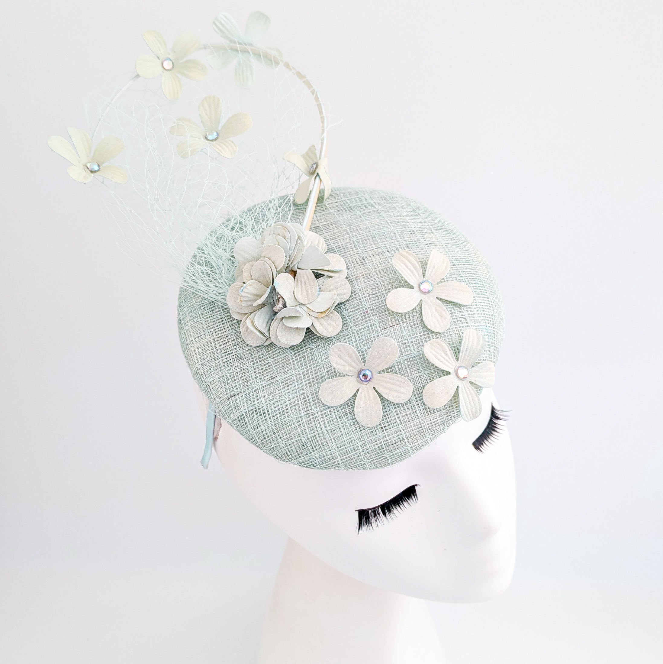 Light aquamarine blue flower fascinator hat