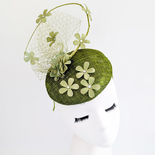 Olive green flower fascinator hat