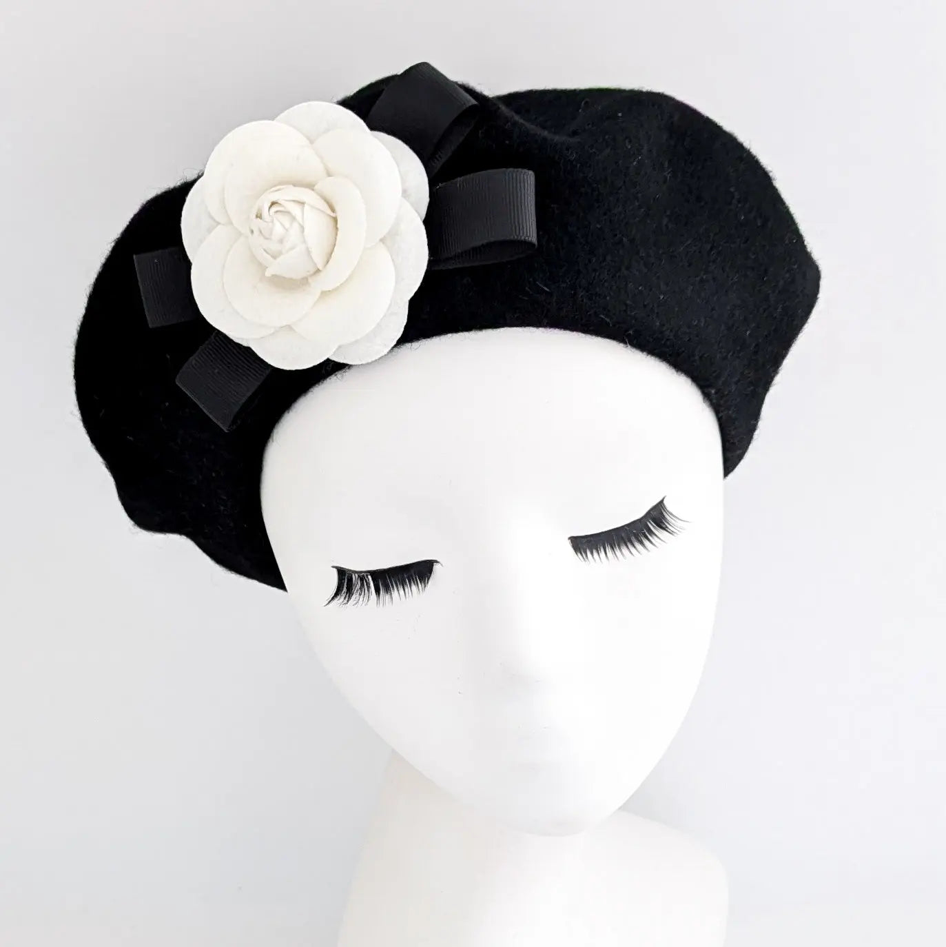 Black and white camelia flower wool felt french beret hat House of Hats