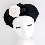 Black and white camelia flower wool felt french beret hat House of Hats