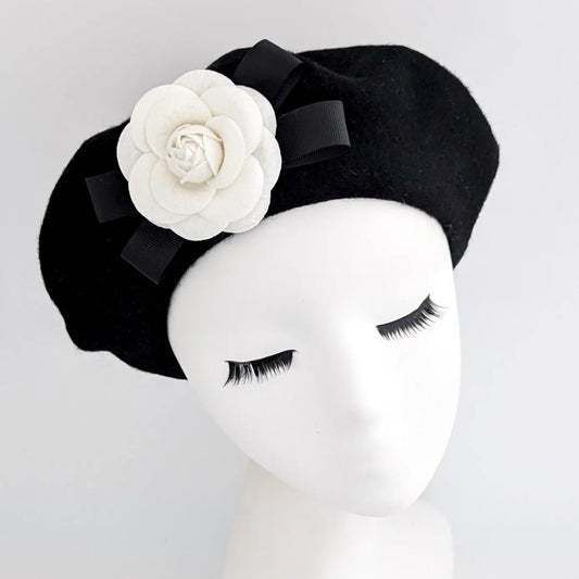 Black and white camelia flower wool felt french beret hat House of Hats