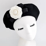 Black and white camelia flower wool felt french beret hat House of Hats