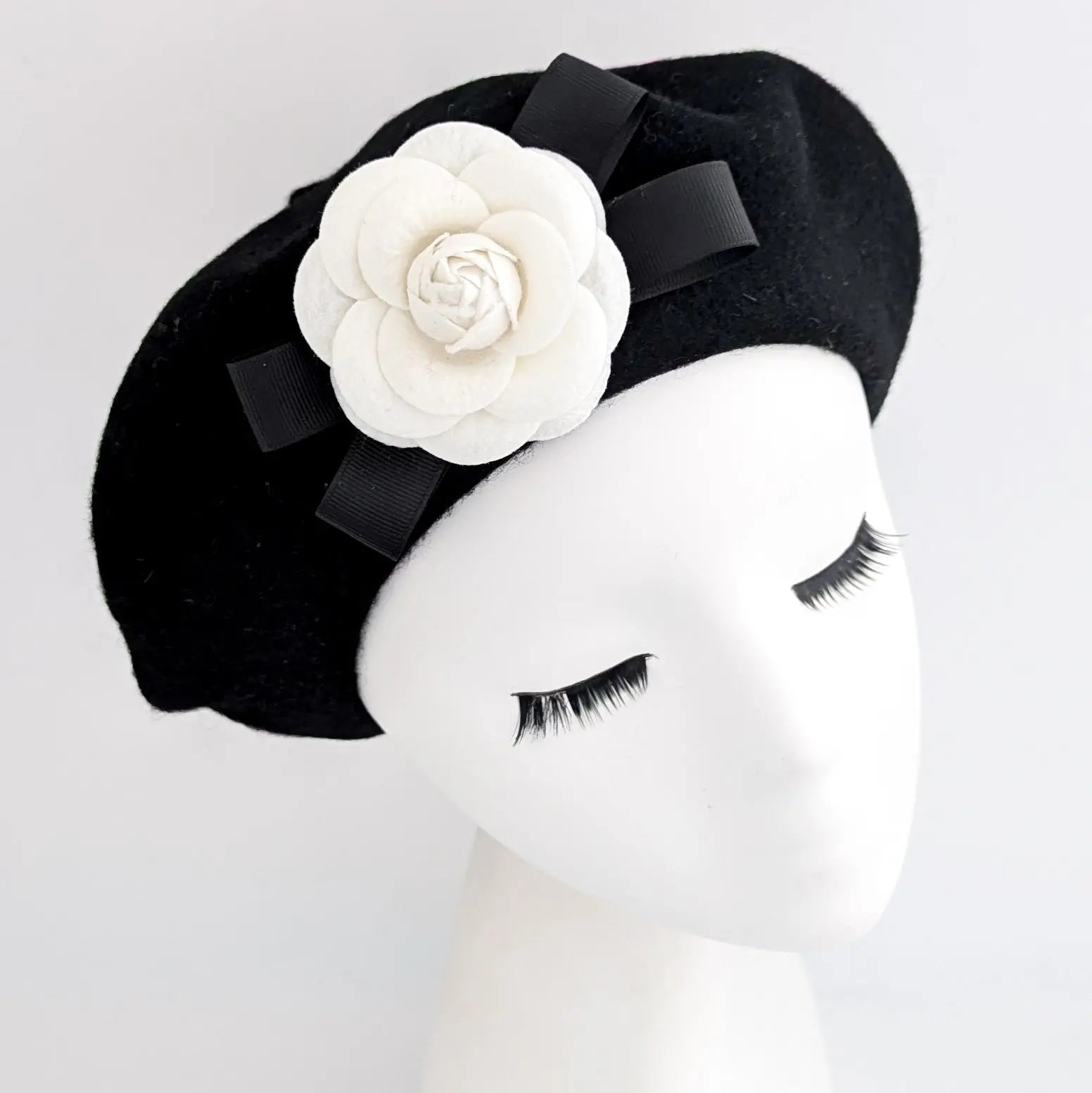 Black and white camelia flower wool felt french beret hat House of Hats