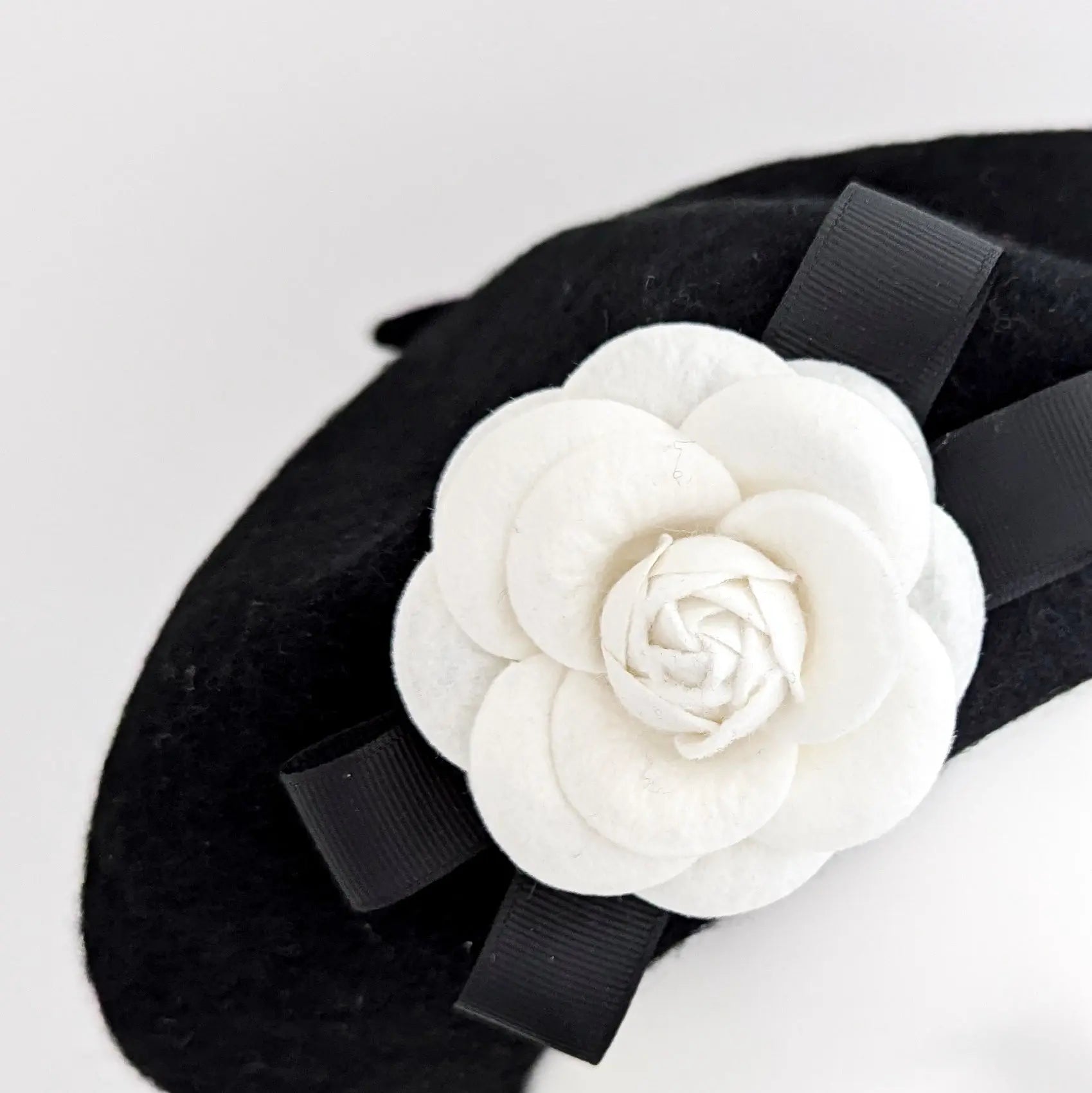 Black and white camelia flower wool felt french beret hat House of Hats