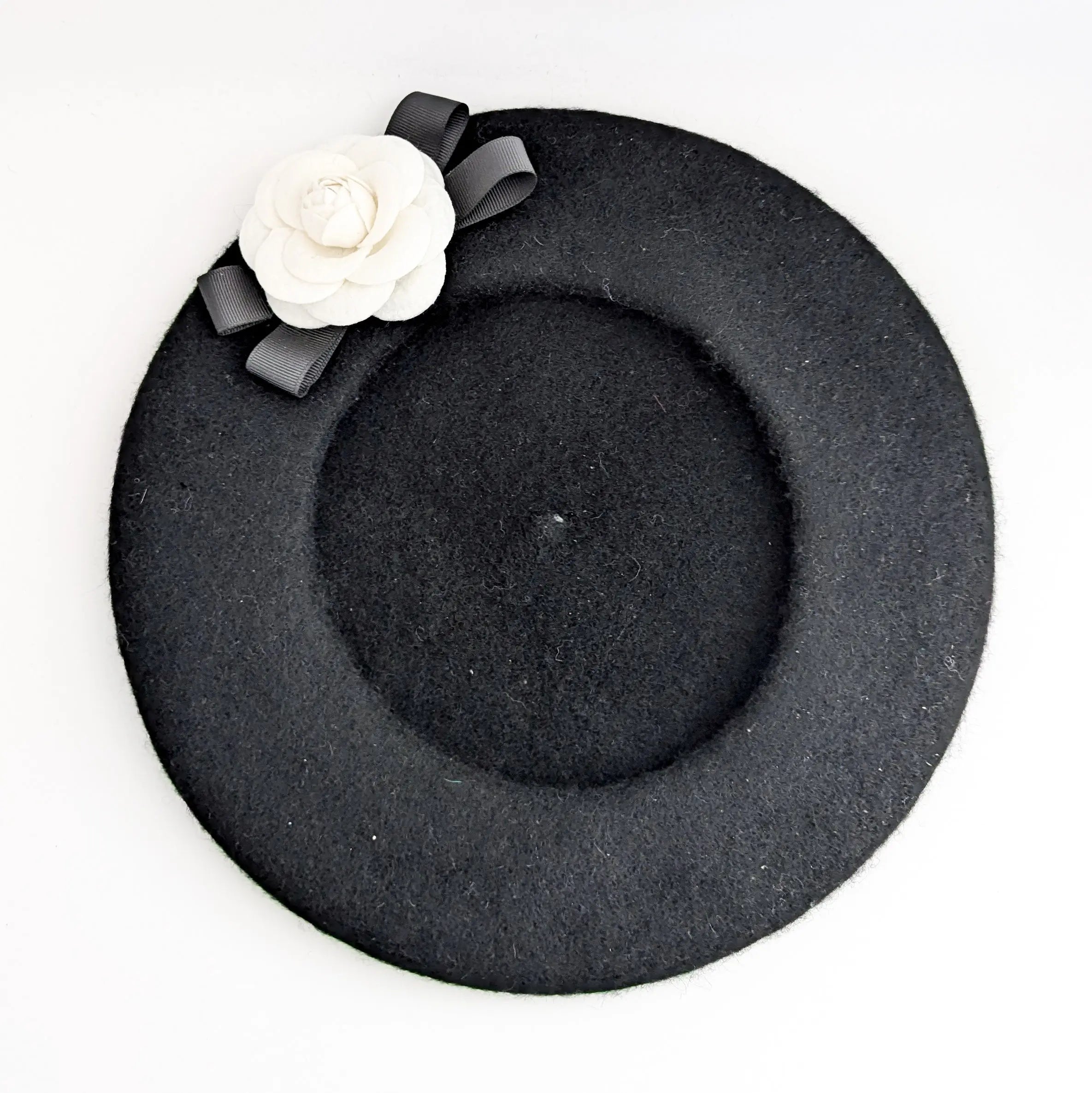 Black and white camelia flower wool felt french beret hat House of Hats