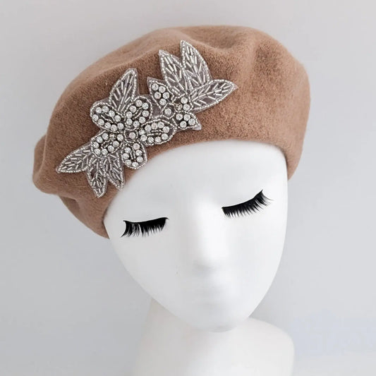 Camel brown crystal wool felt french beret hat House of Hats