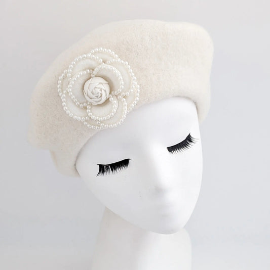 Cream pearl flower wool felt french beret hat House of Hats