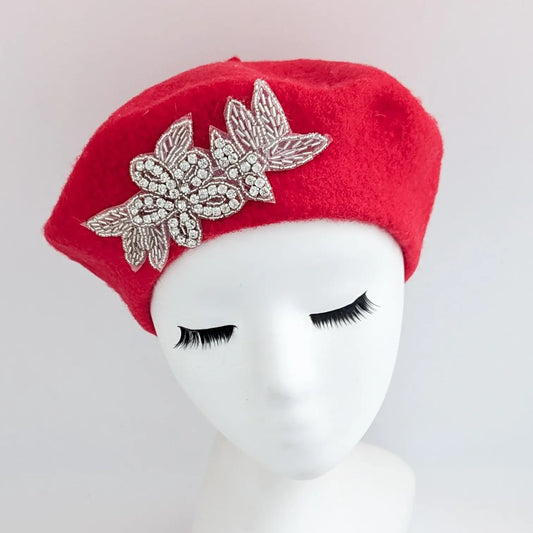 Scarlet red crystal wool felt french beret hat House of Hats