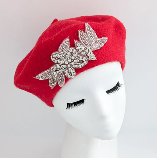 Scarlet red crystal wool felt french beret hat House of Hats