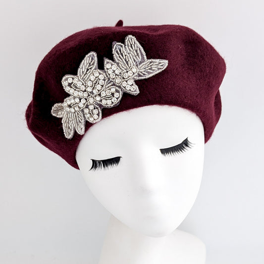 Burgundy crystal wool felt french beret hat