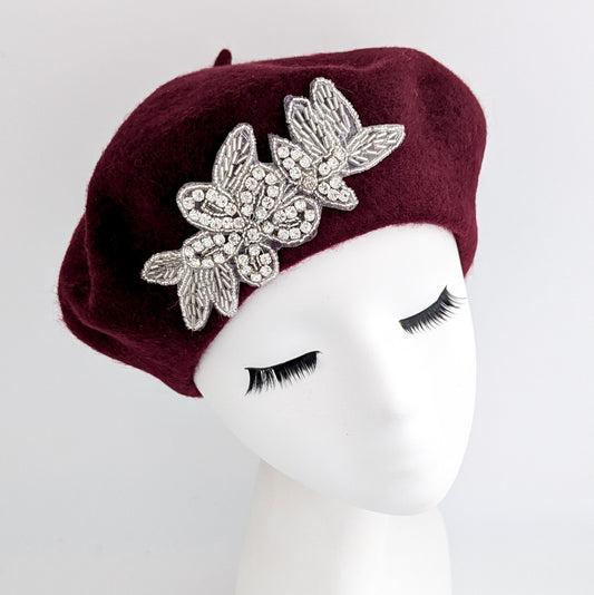 Burgundy crystal wool felt french beret hat