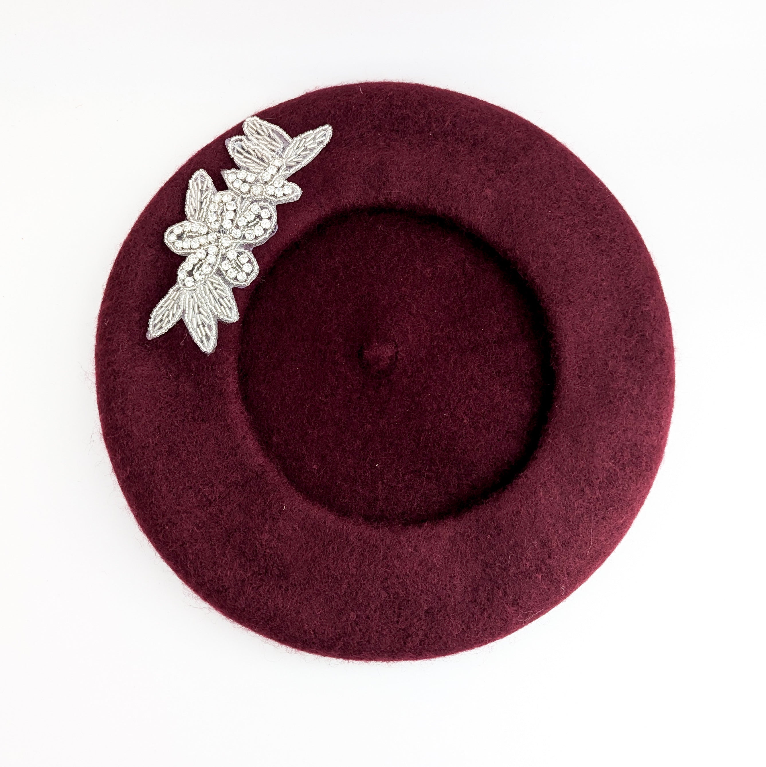 Burgundy crystal wool felt french beret hat