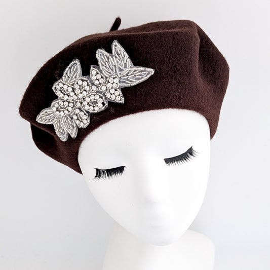 Chocolate brown crystal wool felt french beret hat