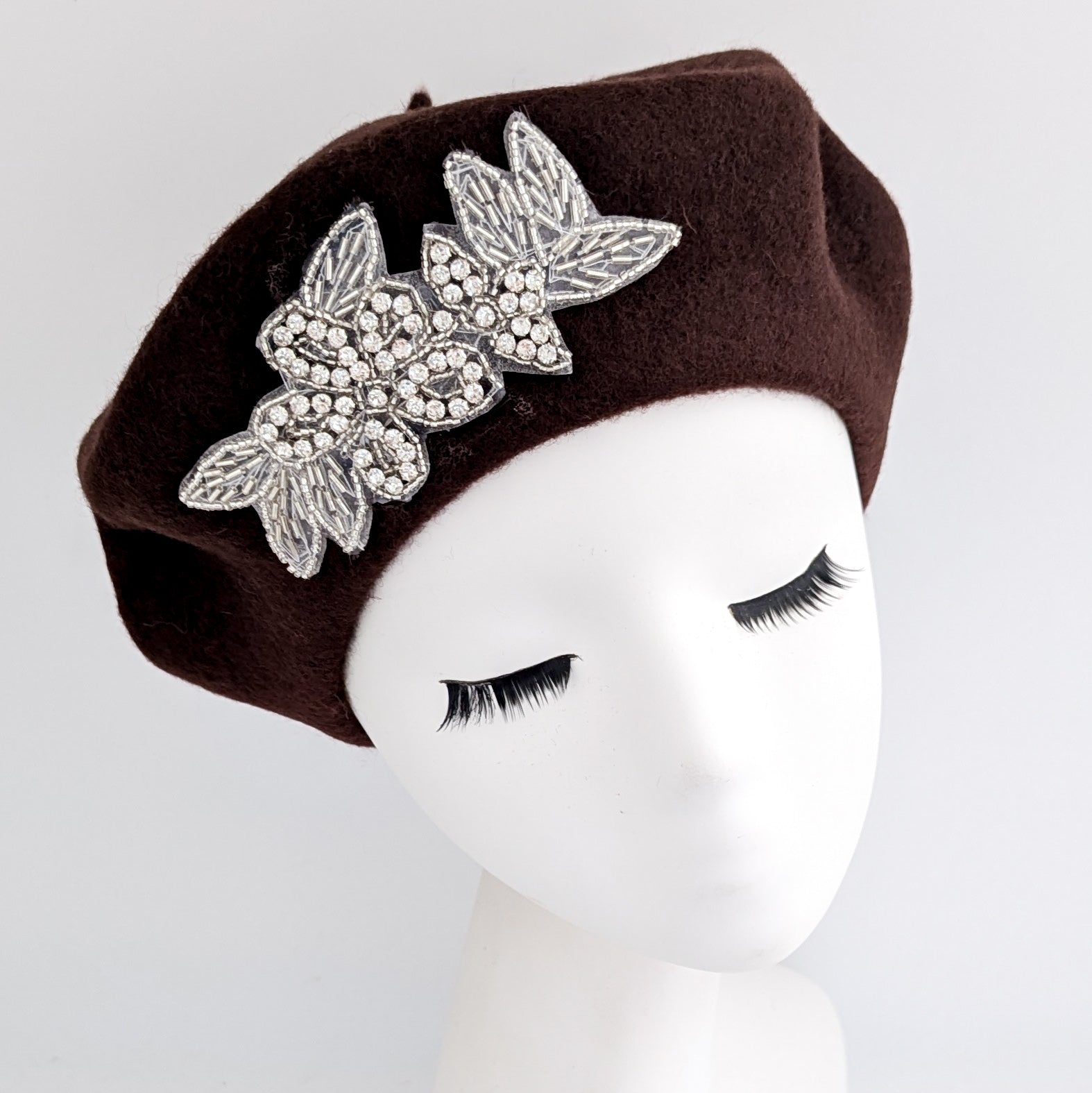 Chocolate brown crystal wool felt french beret hat