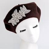 Chocolate brown crystal wool felt french beret hat
