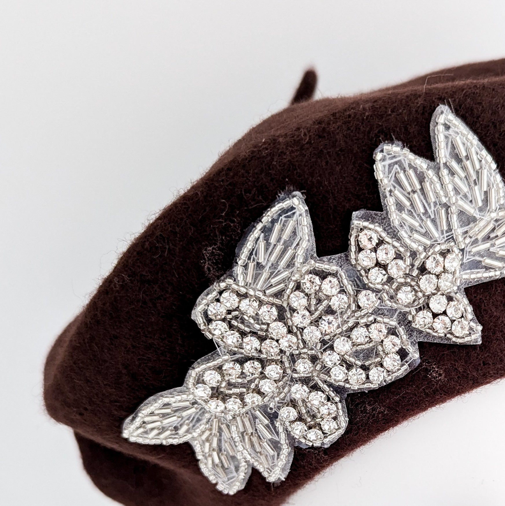 Chocolate brown crystal wool felt french beret hat