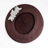 Chocolate brown crystal wool felt french beret hat