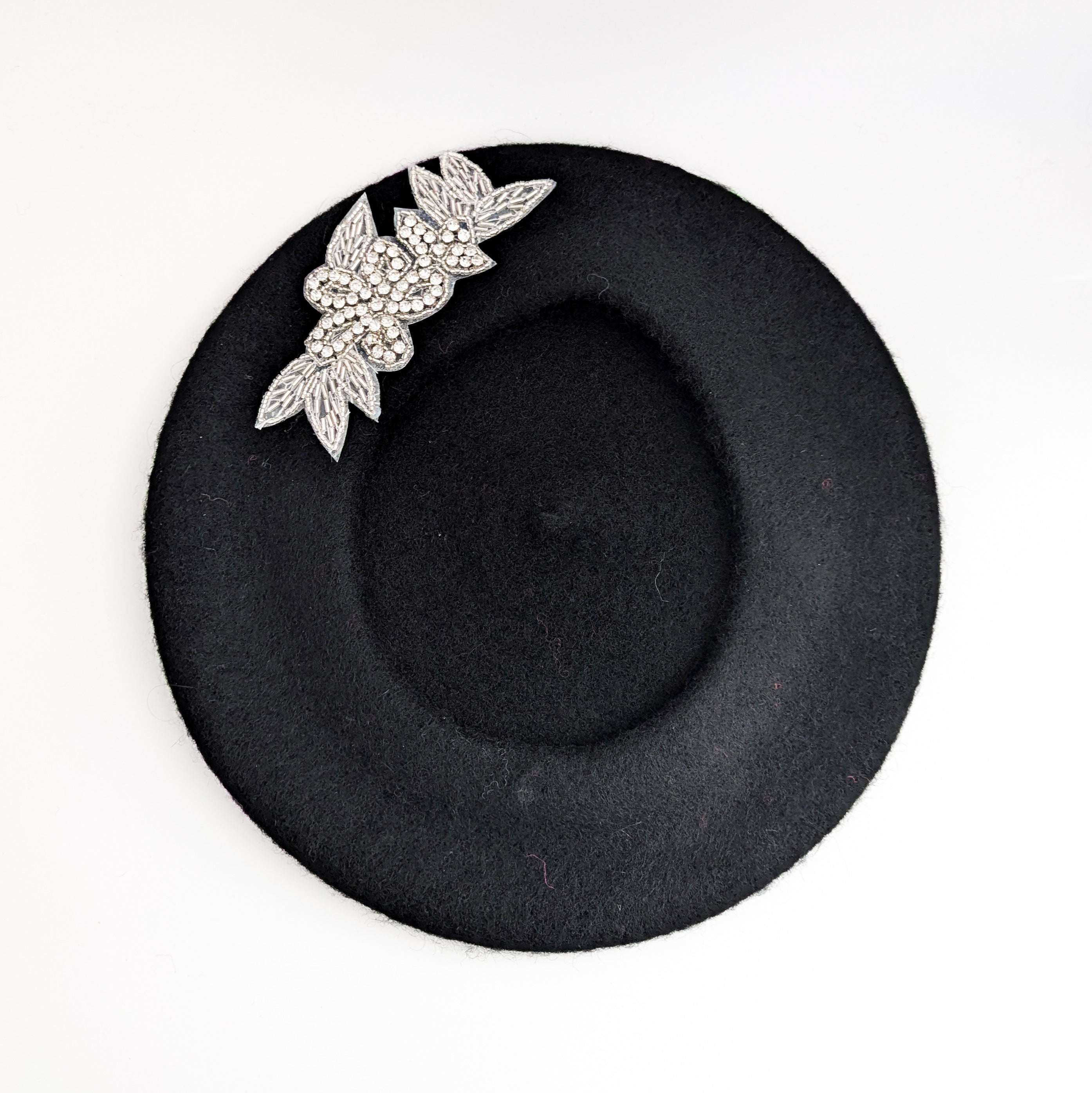 Black crystal wool felt french beret hat