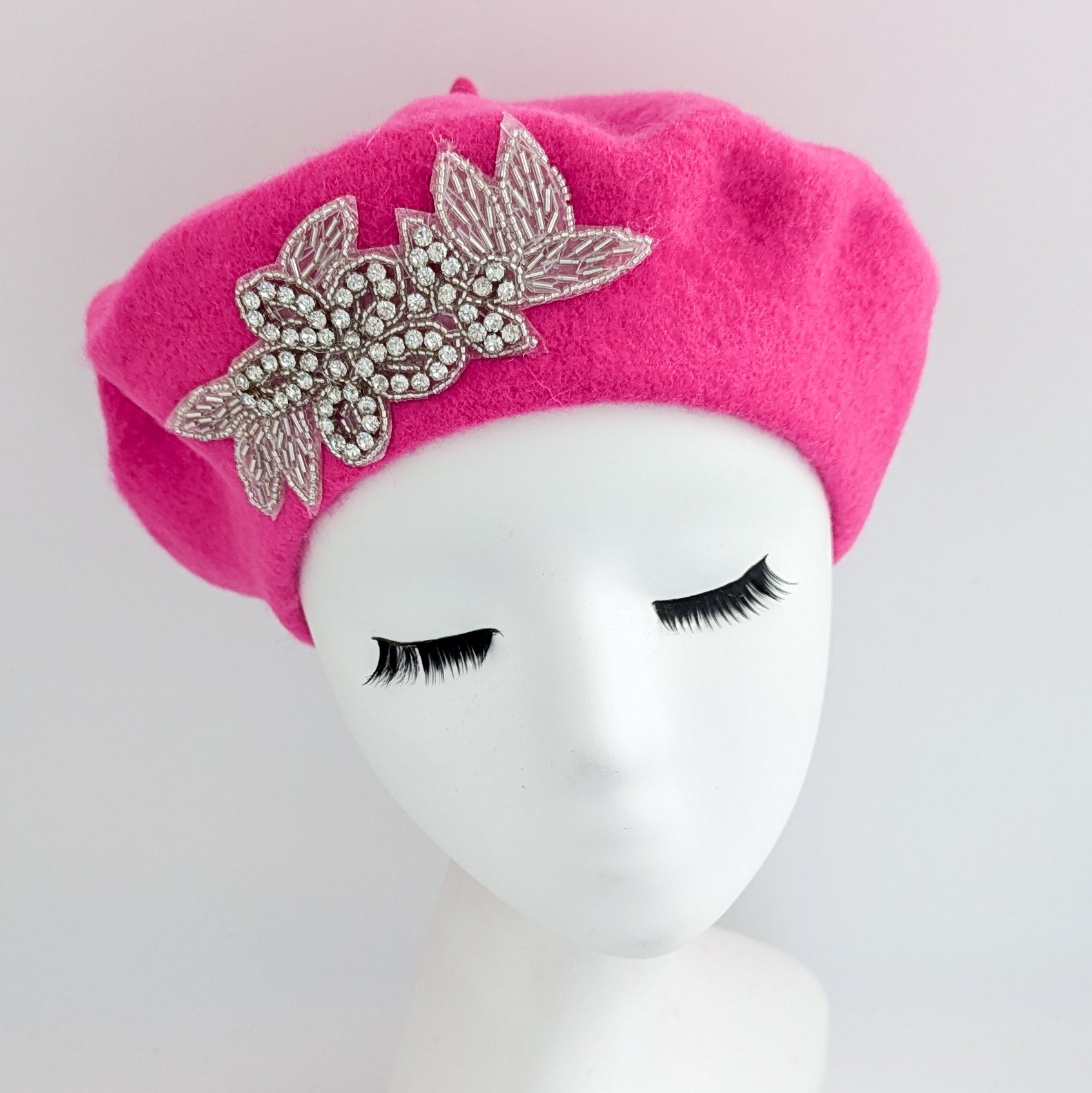 Hot pink crystal wool felt french beret hat