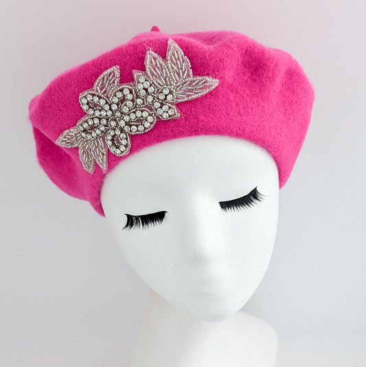 Hot pink crystal wool felt french beret hat