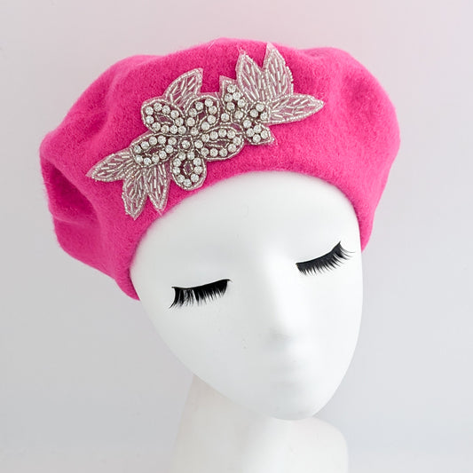 Hot pink crystal wool felt french beret hat