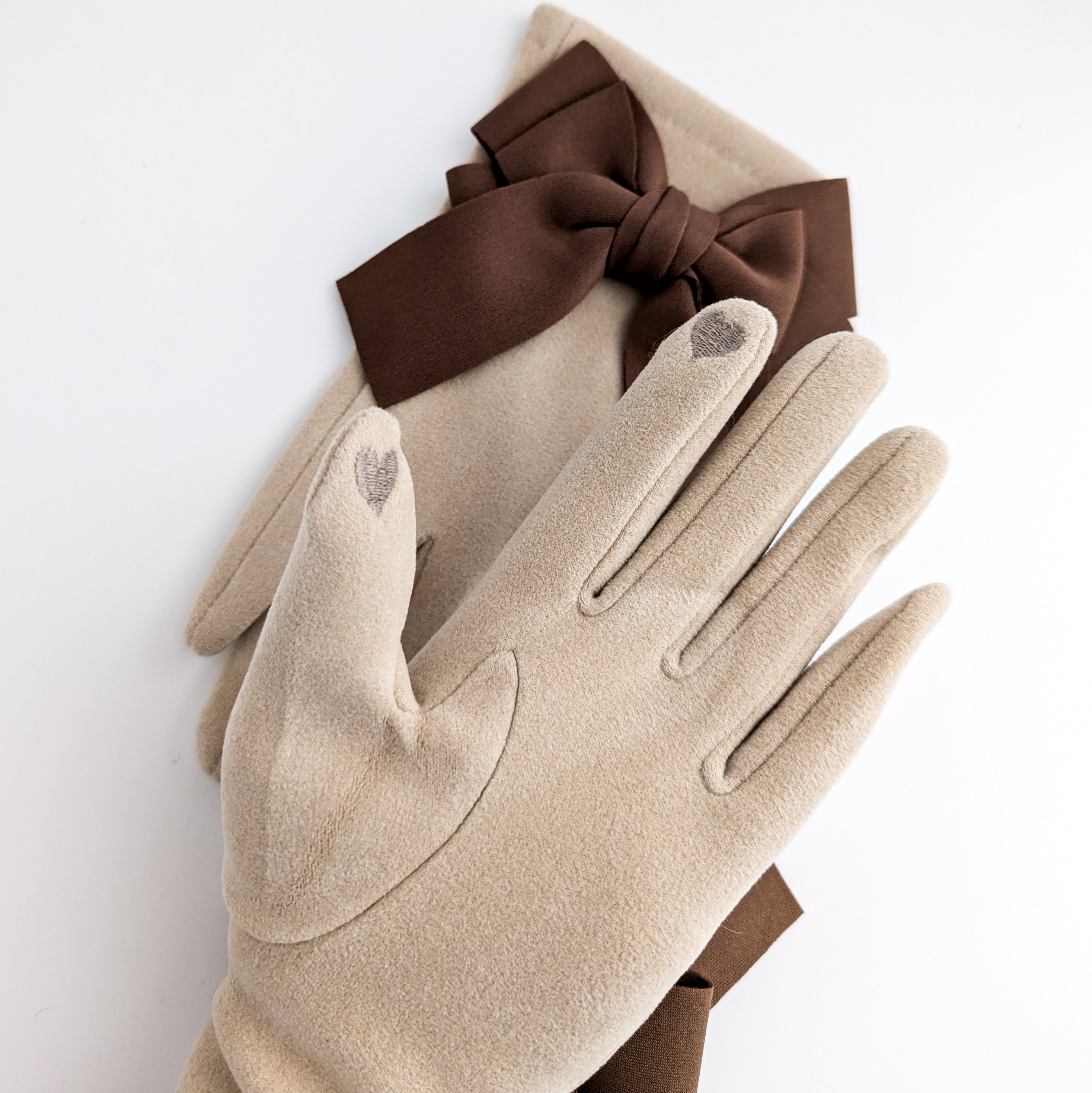 Beige brown bow soft winter touch screen gloves