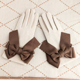 Beige brown bow soft winter touch screen gloves