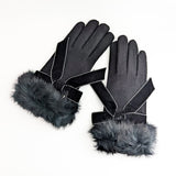 Black faux fur bow soft winter touch screen gloves