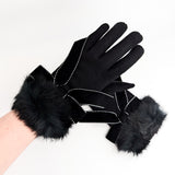 Black faux fur bow soft winter touch screen gloves
