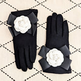 Black white camelia flower bow soft winter touch screen gloves House of Hats