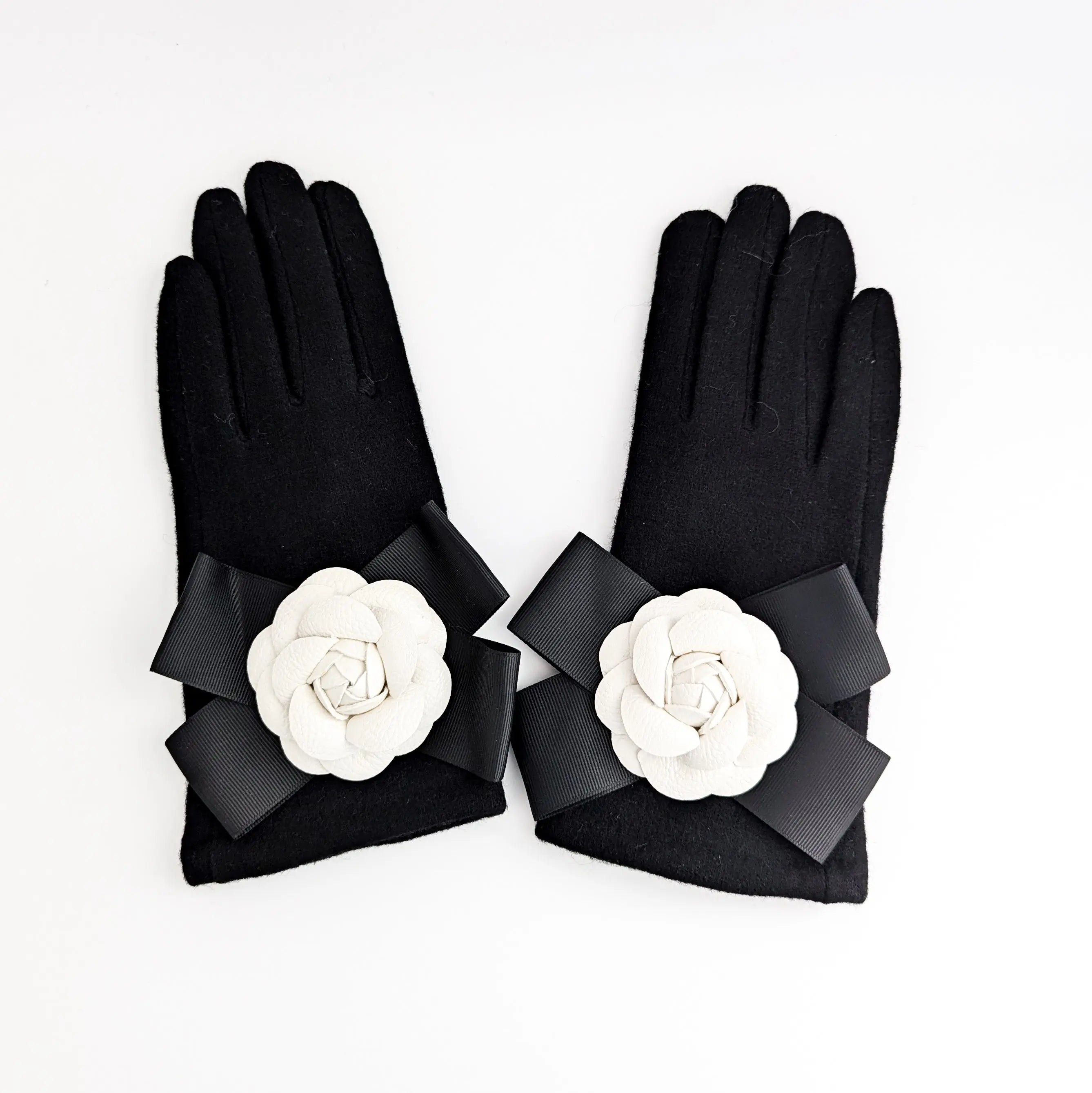Black white camelia flower bow soft winter touch screen gloves House of Hats