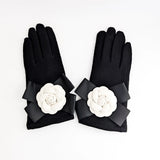 Black white camelia flower bow soft winter touch screen gloves House of Hats