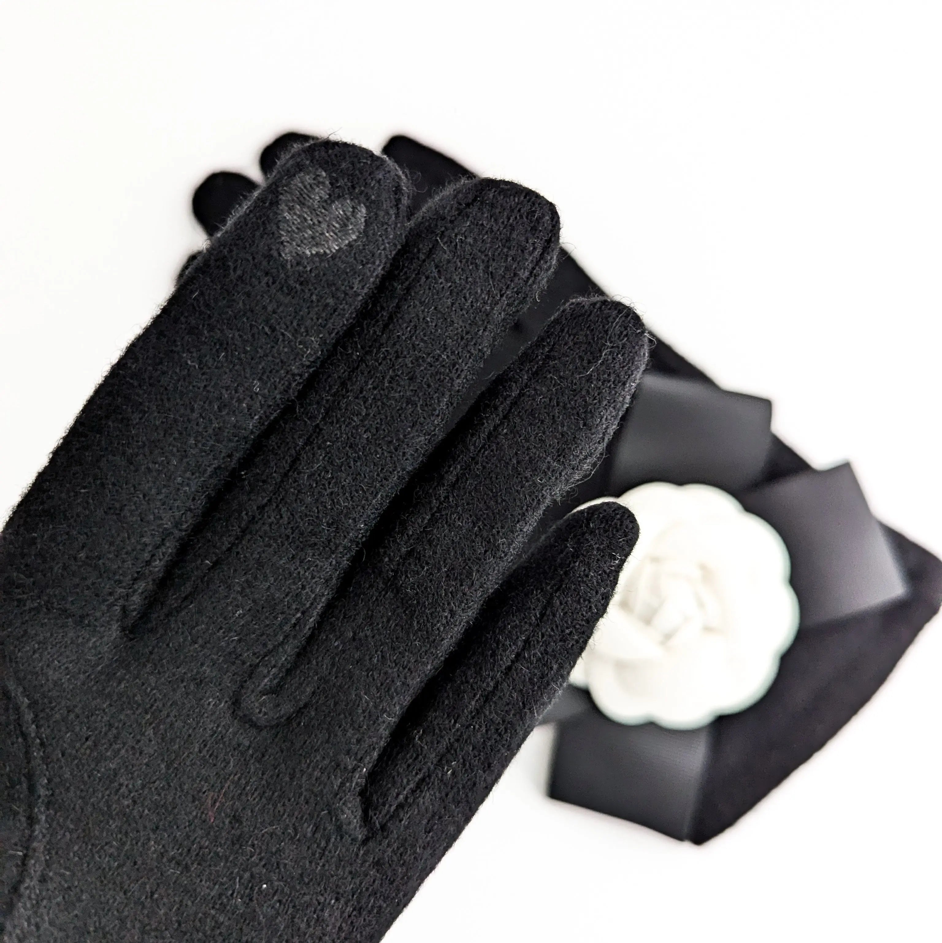 Black white camelia flower bow soft winter touch screen gloves House of Hats