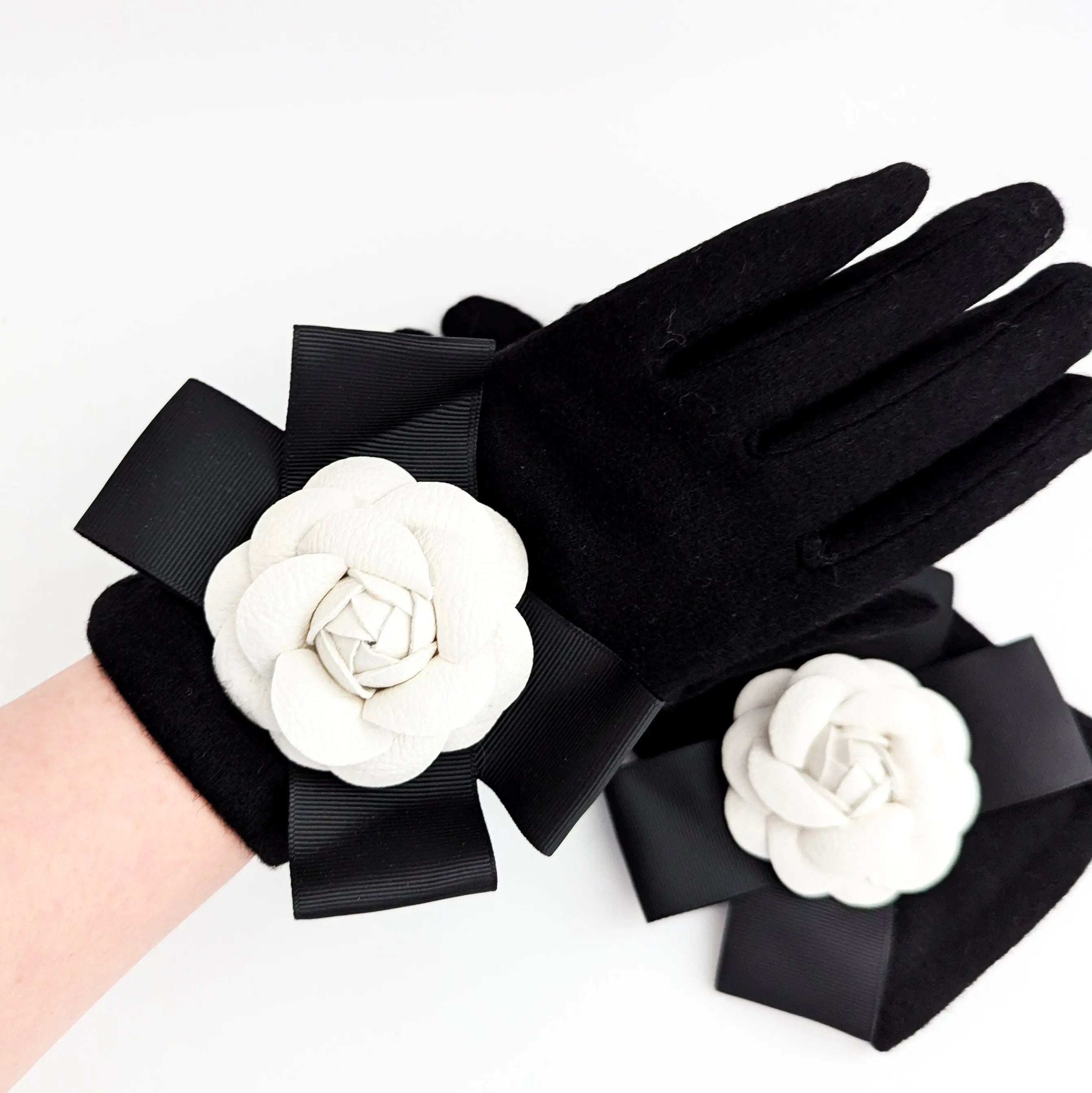 Black white camelia flower bow soft winter touch screen gloves House of Hats