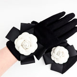 Black white camelia flower bow soft winter touch screen gloves House of Hats