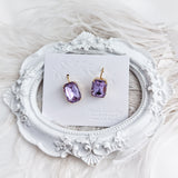 Lilac purple crystal gold emerald cut drop earrings