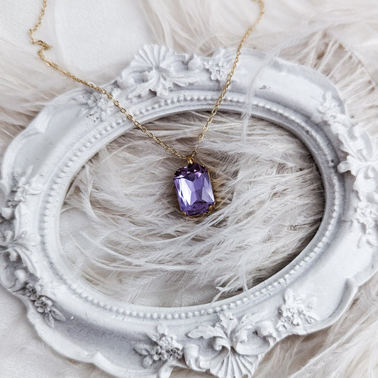 Lilac purple crystal gold emerald cut necklace