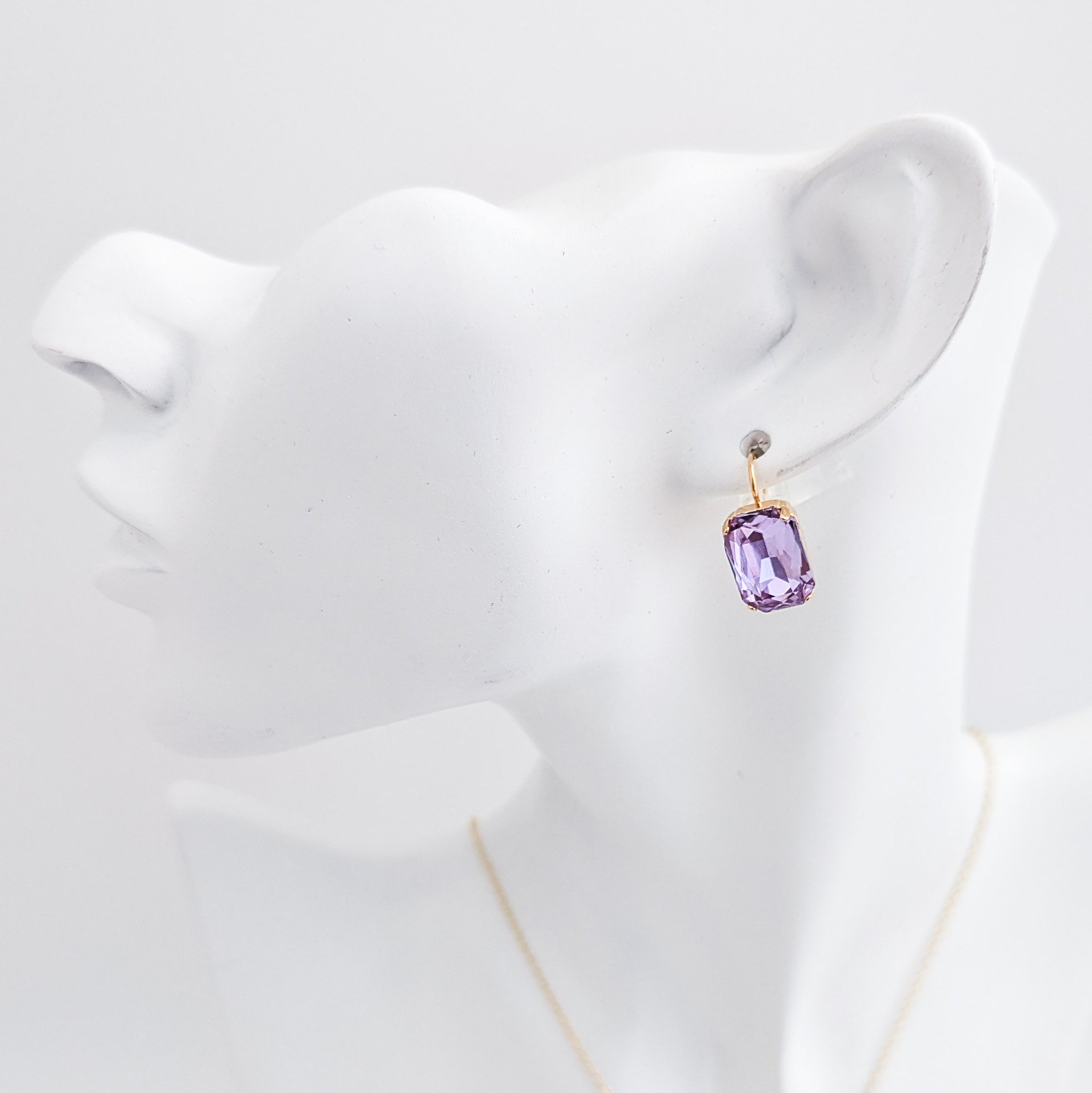 Lilac purple crystal gold emerald cut drop earrings