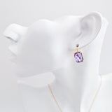 Lilac purple crystal gold emerald cut drop earrings