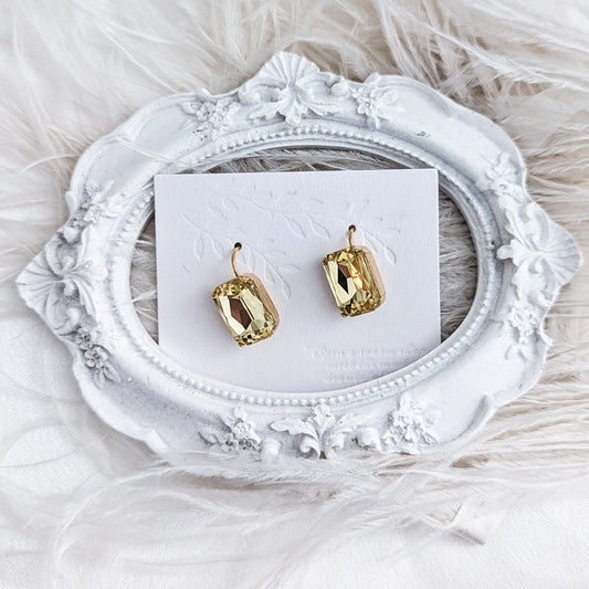 Jonquil yellow crystal gold emerald cut drop earrings