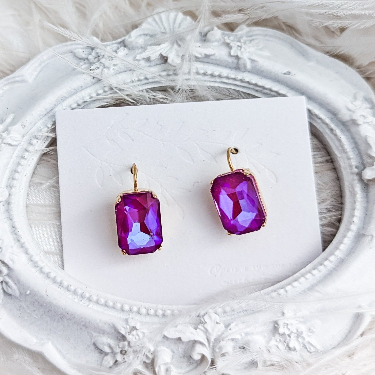 Frosted fuchsia pink crystal gold emerald cut drop earrings