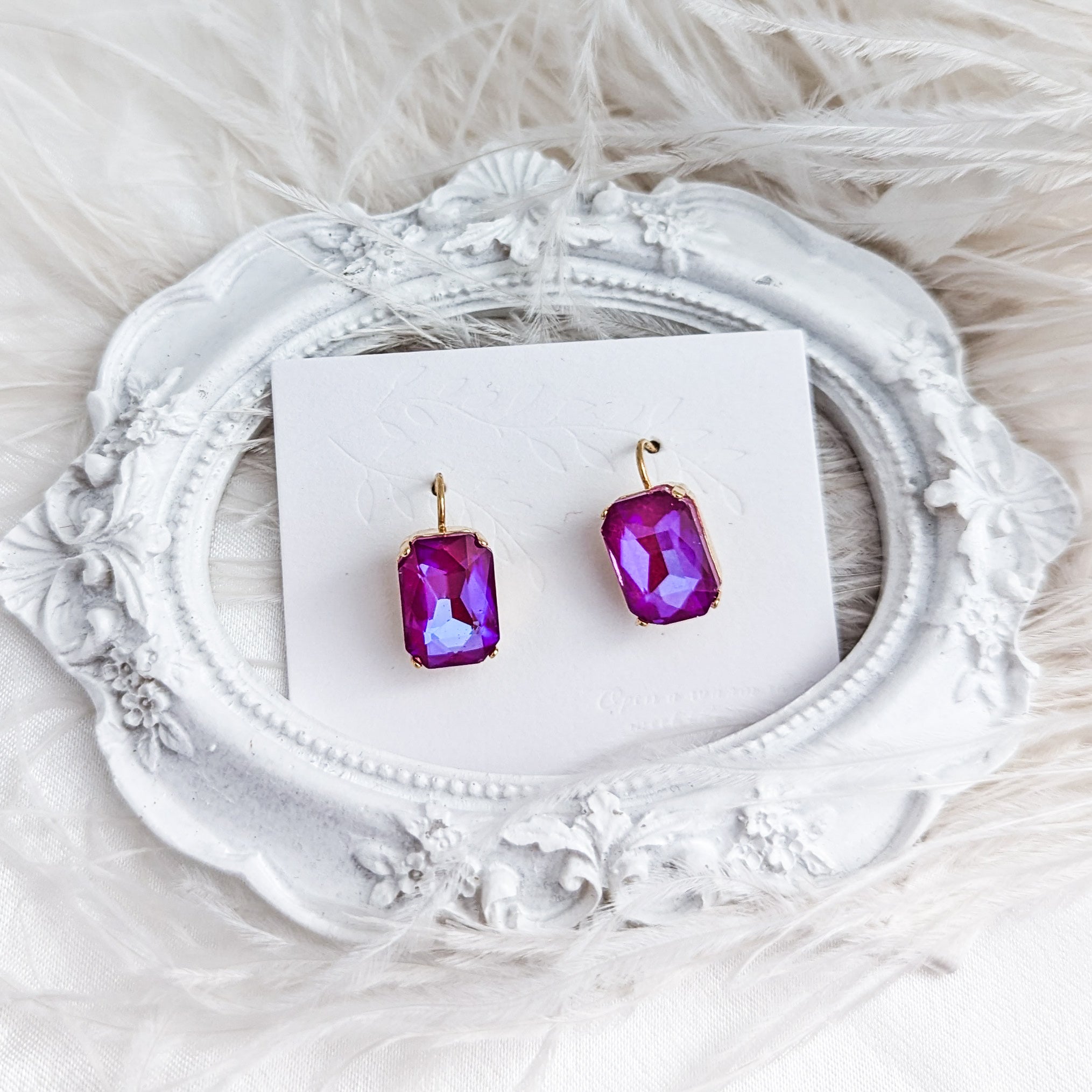 Frosted fuchsia pink crystal gold emerald cut drop earrings