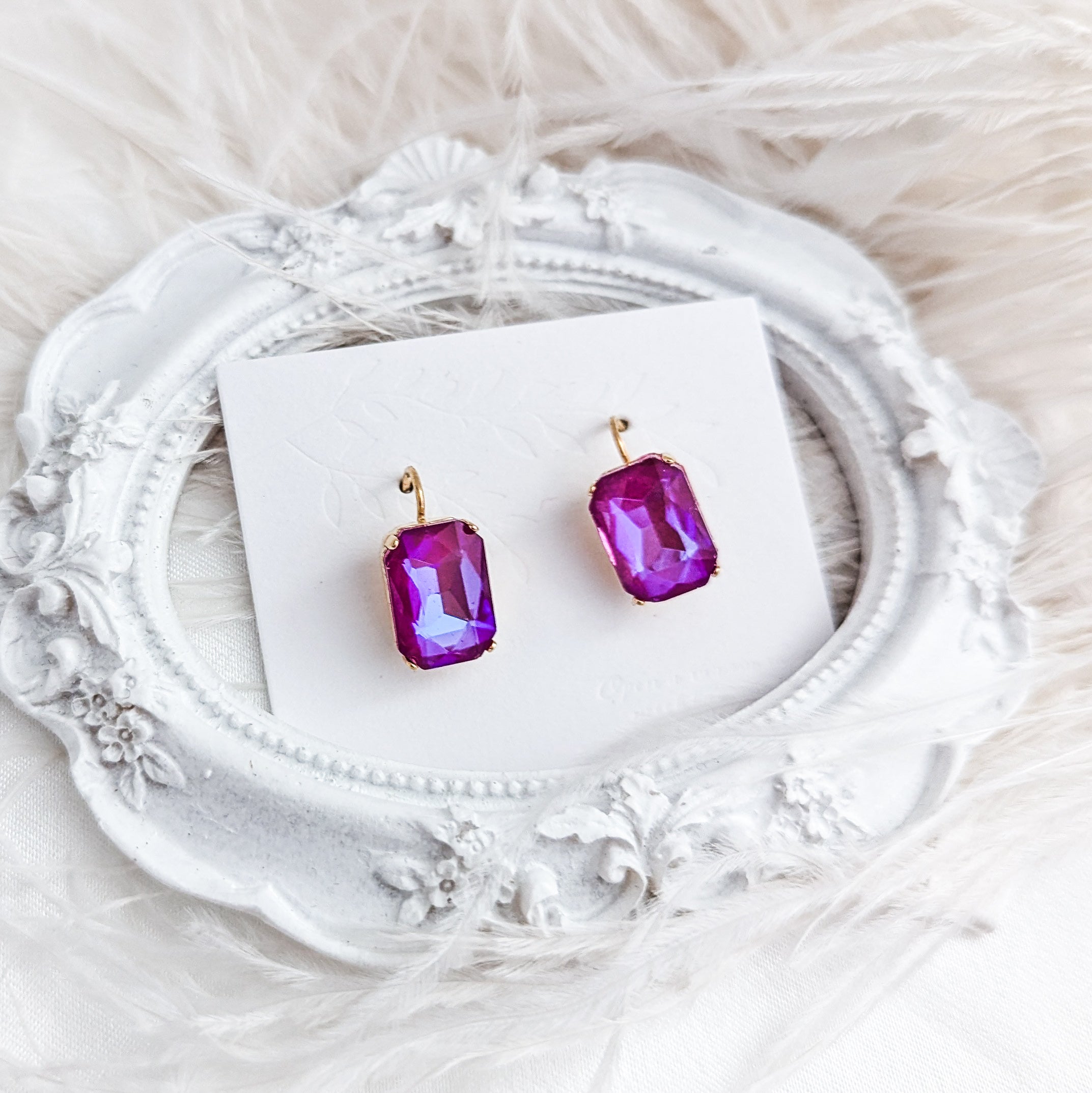 Frosted fuchsia pink crystal gold emerald cut drop earrings