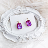 Frosted fuchsia pink crystal gold emerald cut drop earrings