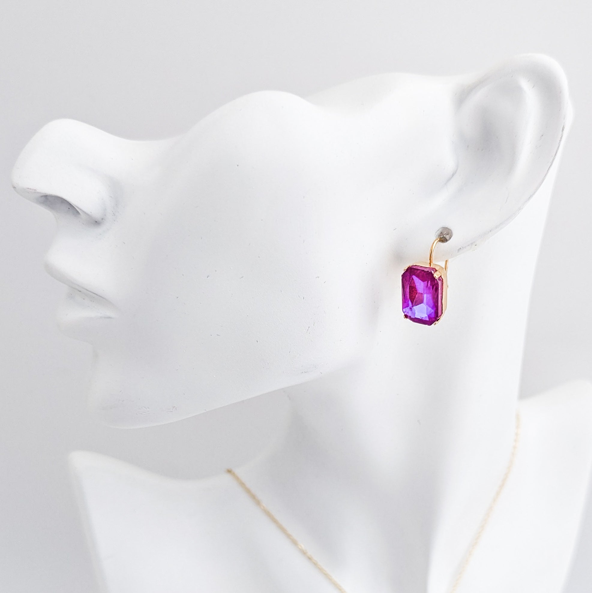 Frosted fuchsia pink crystal gold emerald cut drop earrings