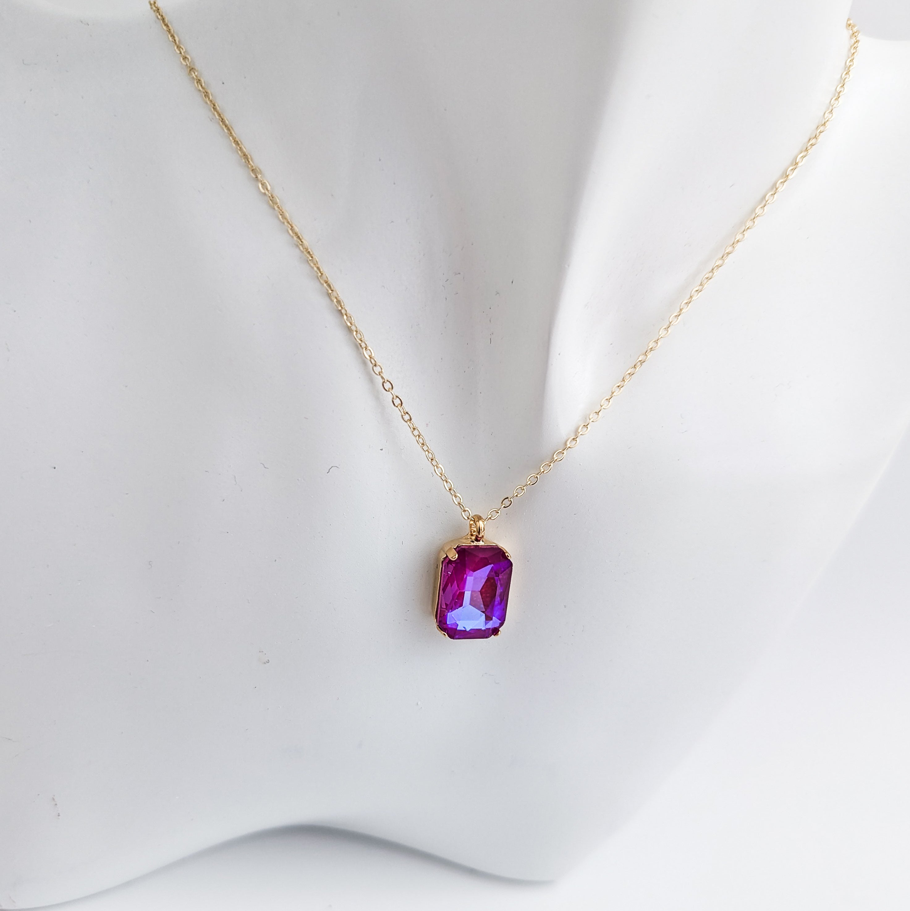 Frosted fuchsia pink crystal gold emerald cut necklace