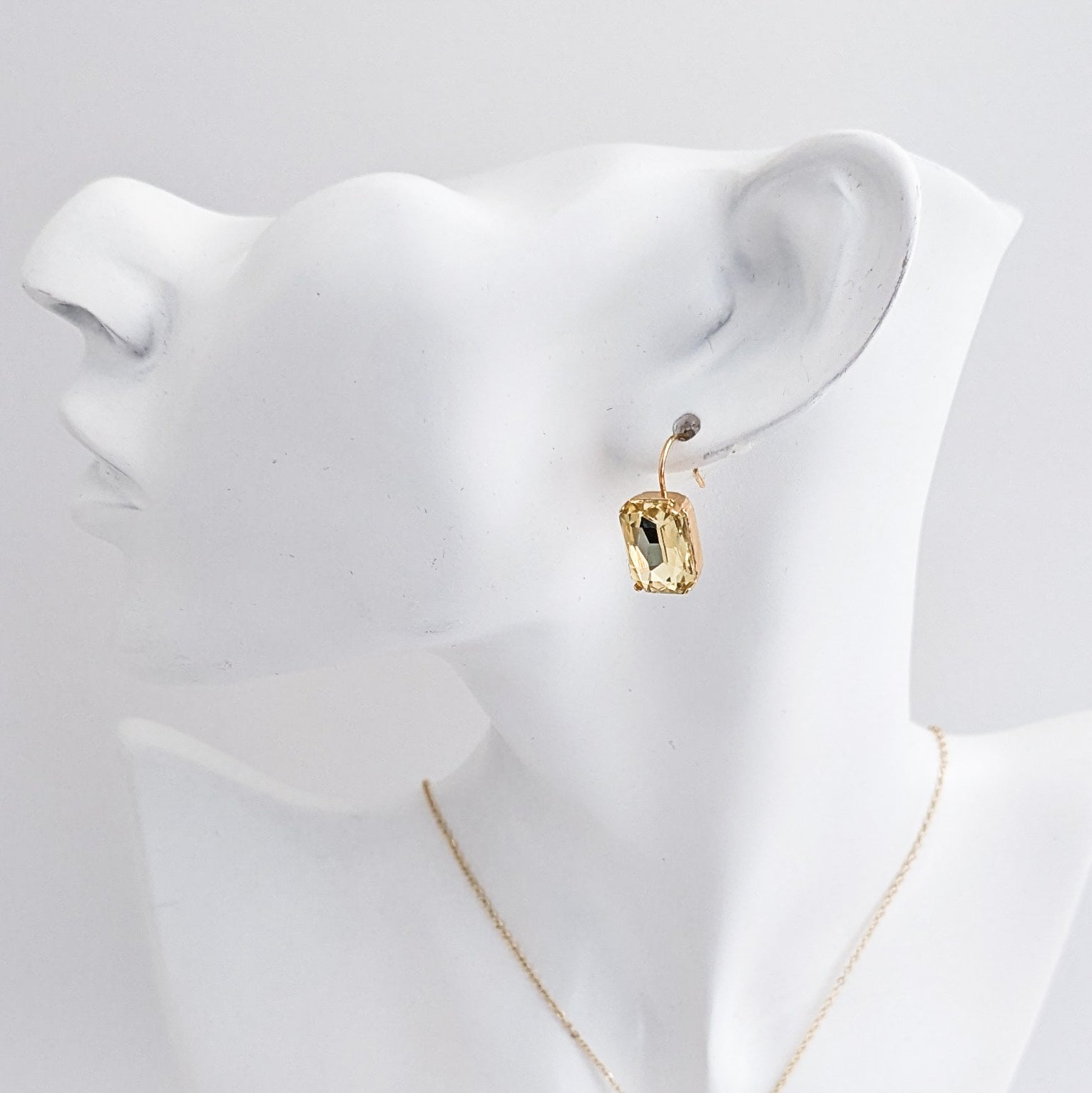 Jonquil yellow crystal gold emerald cut drop earrings