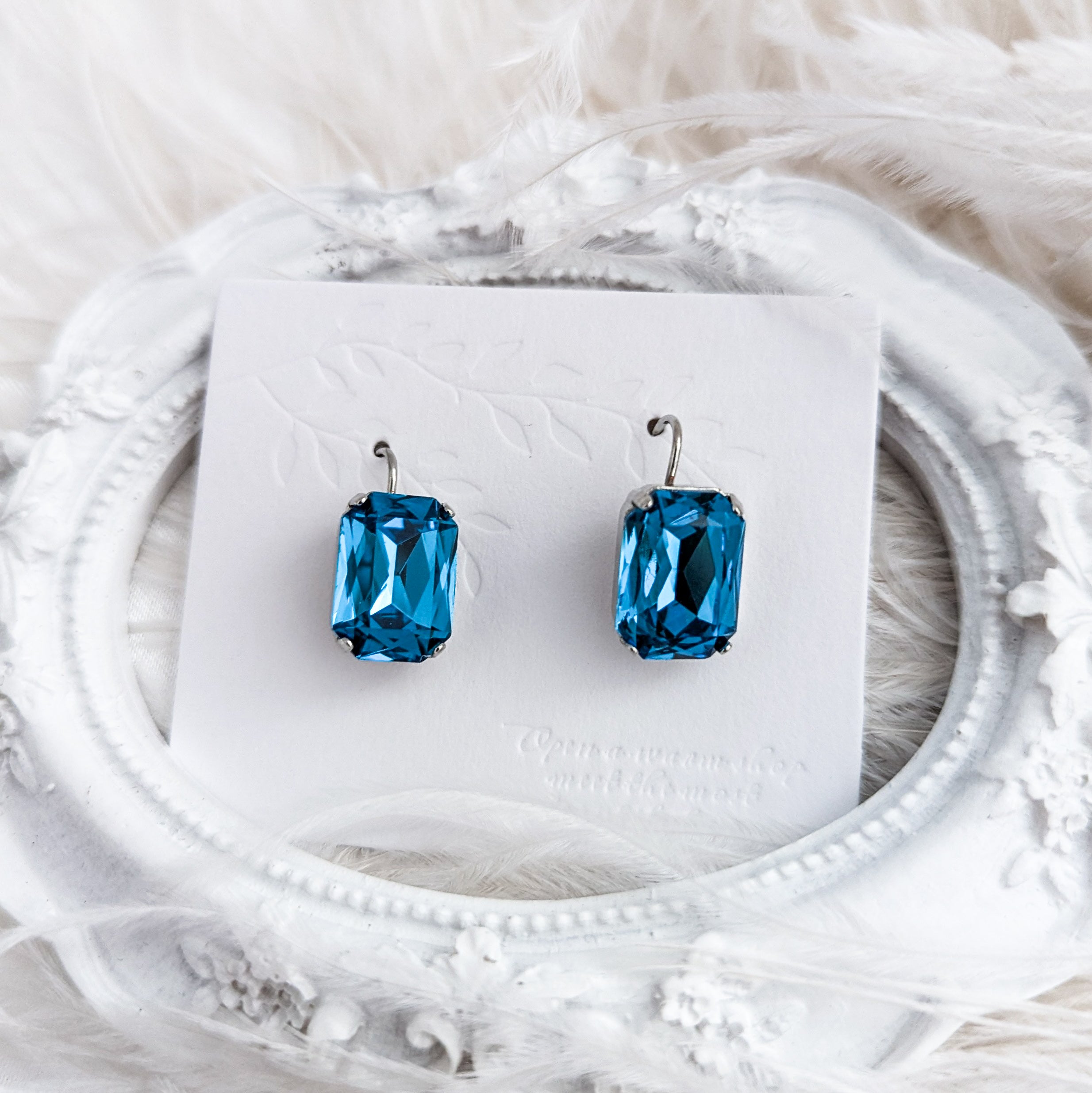 Aqua blue crystal silver emerald cut drop earrings