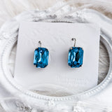 Aqua blue crystal silver emerald cut drop earrings
