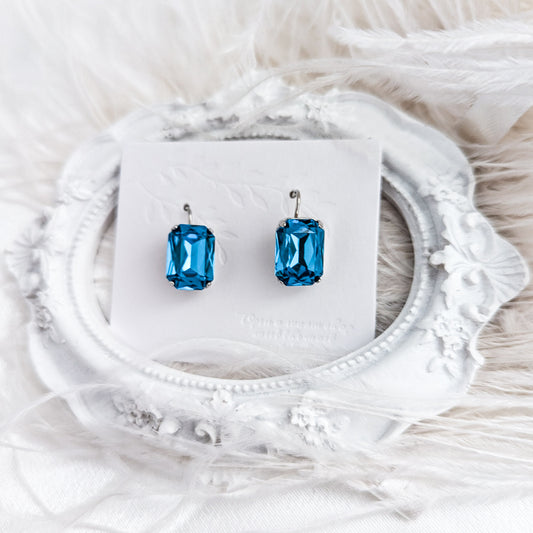 Aqua blue crystal silver emerald cut drop earrings